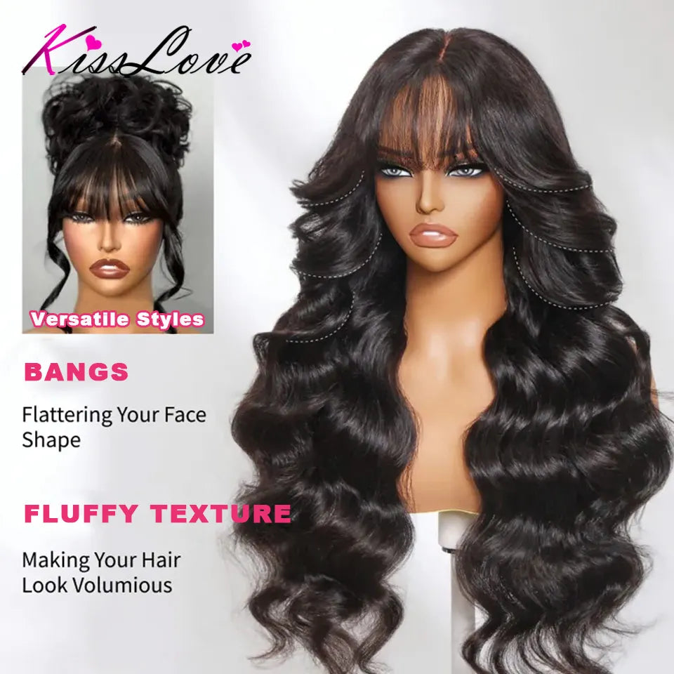 KissLove Invisi Strap 360 Lace Frontal Wigs Human Hair Layer Cut Body Wave with Bang Glueless Wigs Human Hair Salon Hairstyles