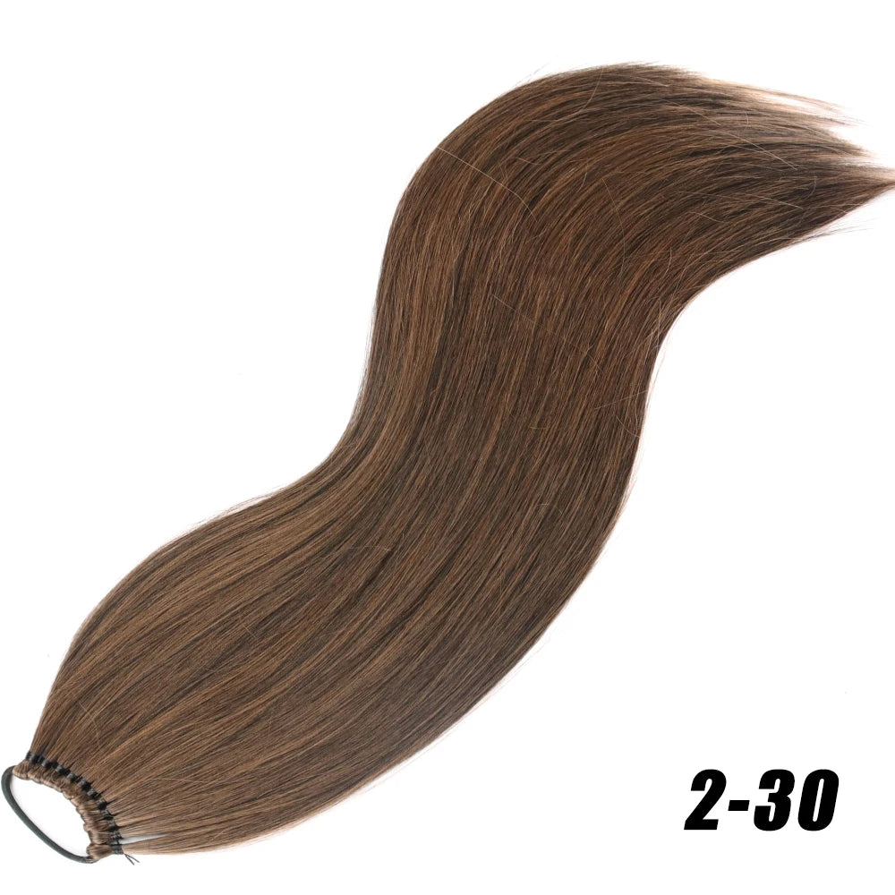 Synthetic 24Inch Ponytail Extensions Black Natural Braided Pony Tail Hairpiece Long Straight Rubber Band Hair For Women