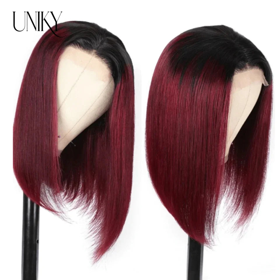 T1B/99j Burgundy Red Straight Bob T Part Lace Front Human Hair Wig For Women Colored Brazilian Remy Hair Natural Wig