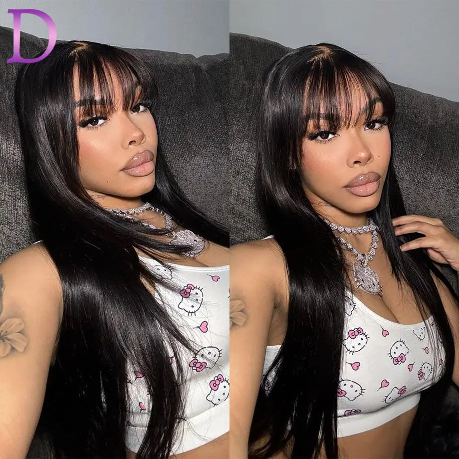 Straight 3X1 Middle Part Lace Realistic Look Fake Scalp Wig Brazilian Wig Straight Fringe Human Hair With Bangs For Women