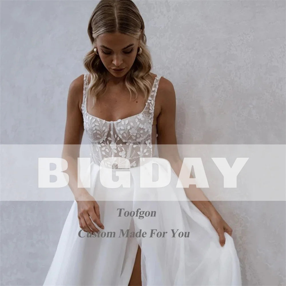 A-Line Wedding Dress Women Lace Open Back Square Collar Spaghetti Straps Split Bridal Gown Train Vestidos De Noiva Customized