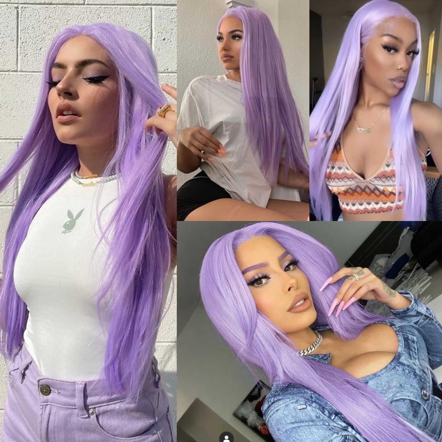 Purple Long Silky Straight Wig for Women Synthetic Free Part Lavender Colored Heat Resistant Fiber Hair Cosplay Daily Party