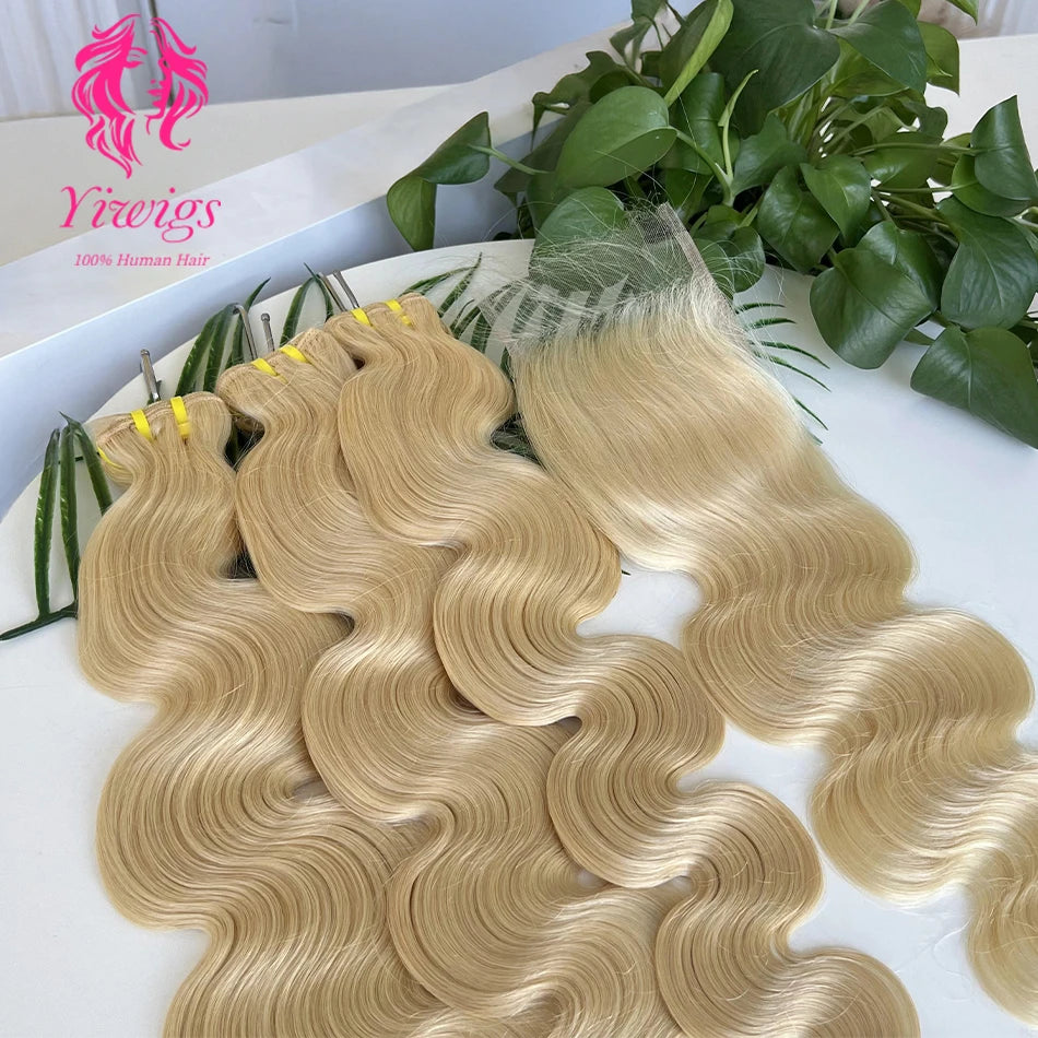 Yiwigs 12A Grade 613 Blonde Colored Body Wave 100% Human Hair Bundles With 4x4 Real HD Lace Closure Hair Weave Extensions Thick