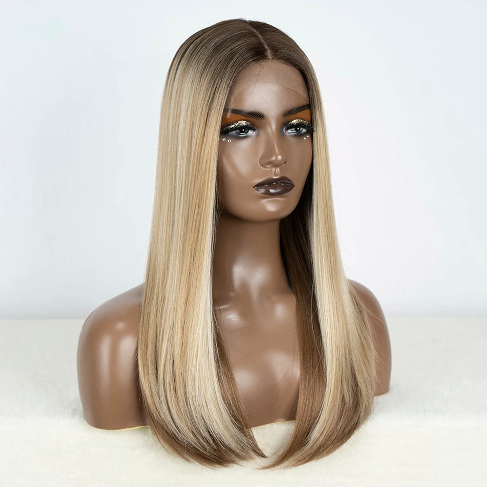 Synthetic Lace Front Wig Straight Baby Hair Bob Wig Bown Black Blonde Hair Wig 22"Cosplay Wig For Women Heat Resistant Wig