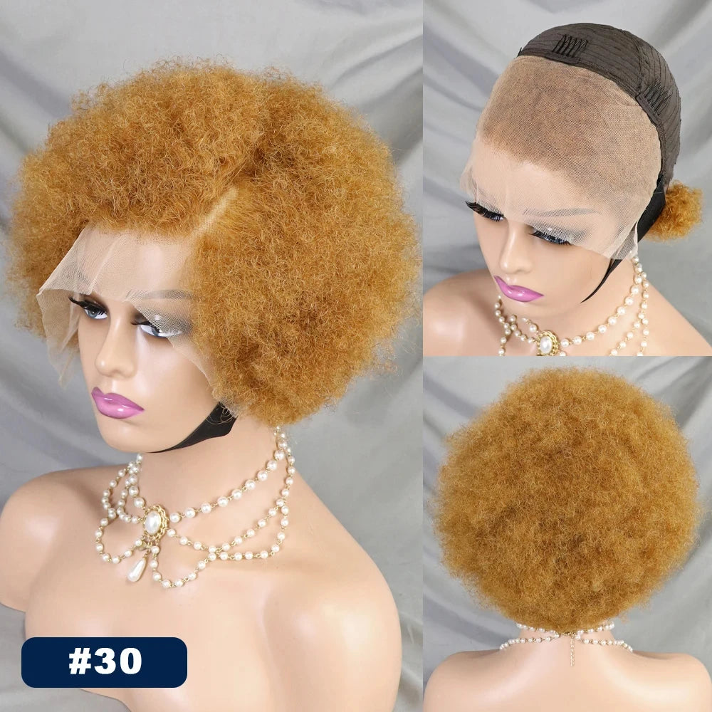 MALAIKA Kinky Curly Short Lace Front Wig 4#Brow Afro Bob Human Hair Natural Hairline 13X4 Lace Frontal Glueless Human Hair Wigs