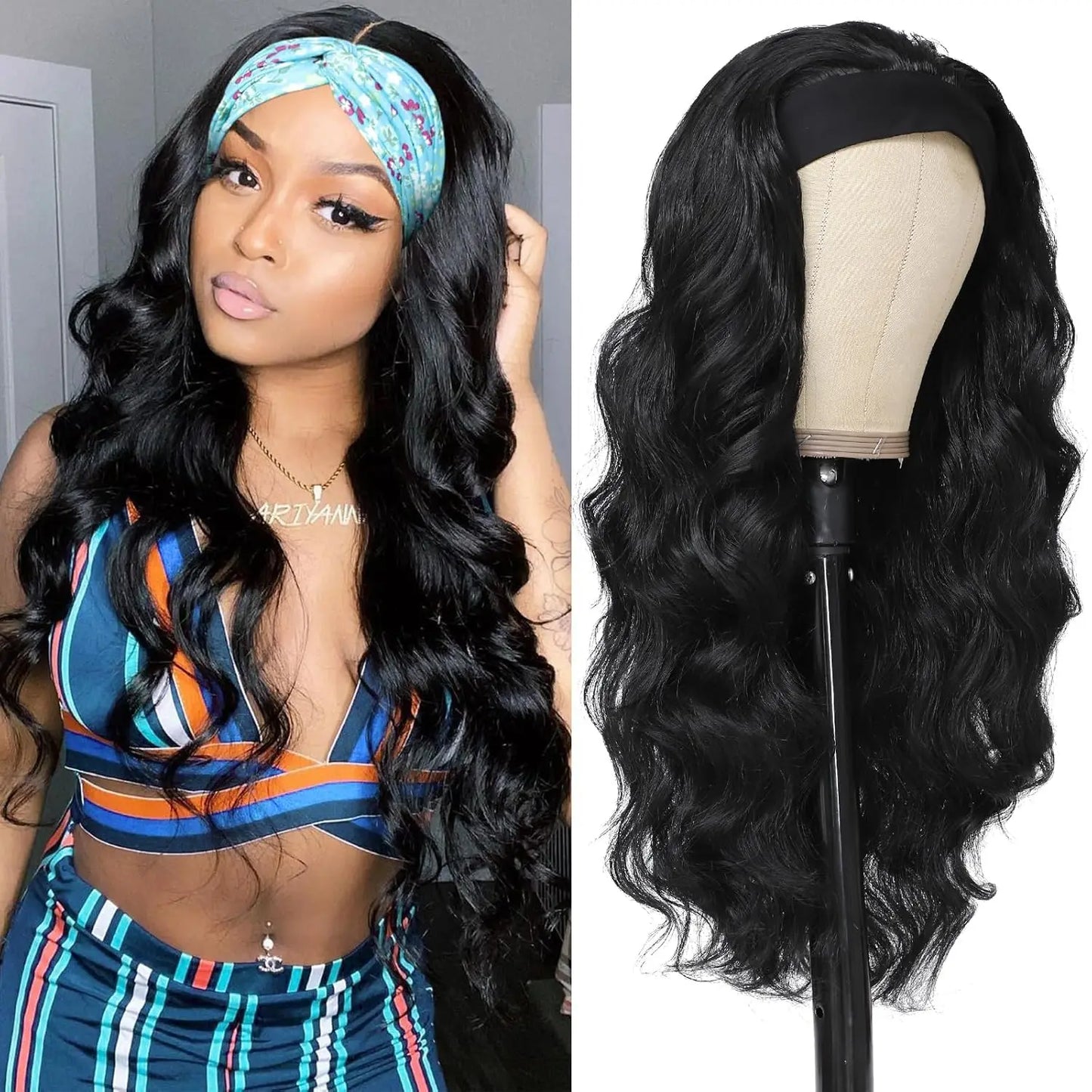 Long Synthetic Wavy Headband Wig for Women Black Wigs with Brown Blonde Highlight 200% Denisty Headband Wigs Glueless Wig Daily