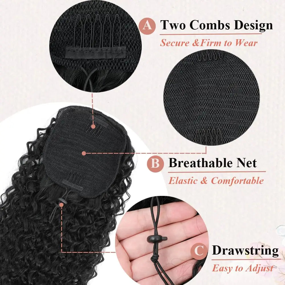 Drawstring Ponytail Kinky Curly Ponytail Deep Wave 100% Human Hair Ponytails 16 Inch Clip on Ponytails For Black Women #1B
