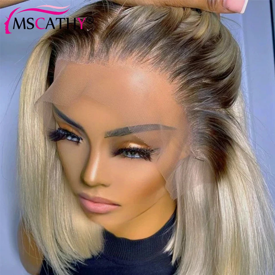 13x6 Blonde Ombre Human Hair Wigs For Women Short Straight Bob Lace Front Wig With Roots 13x4 HD Transparent Lace Remy Hair Wig