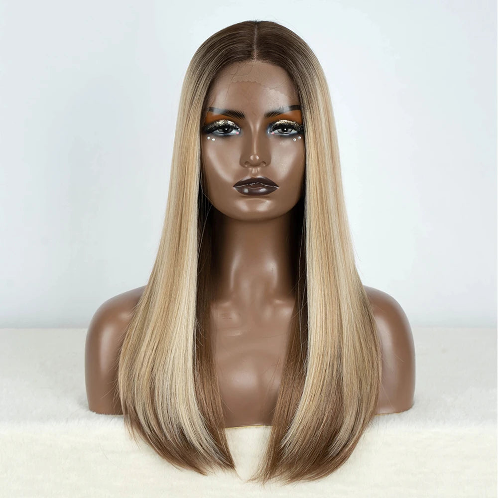 Synthetic Lace Front Wig Straight Baby Hair Bob Wig Bown Black Blonde Hair Wig 22"Cosplay Wig For Women Heat Resistant Wig