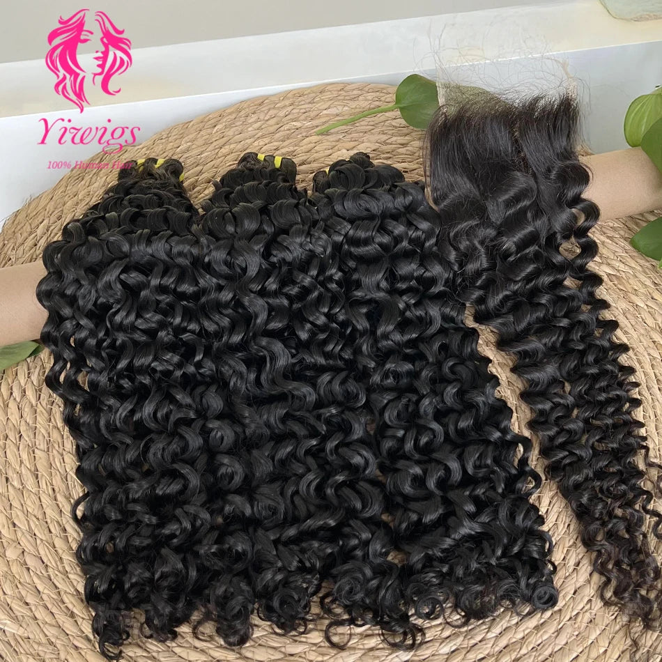 Yiwigs 12A Grade Double Drawn Deep Curly 100% Raw Virgin Human Hair Bundles With 4x4 Real HD Lace Closure Hair Weave Extensions