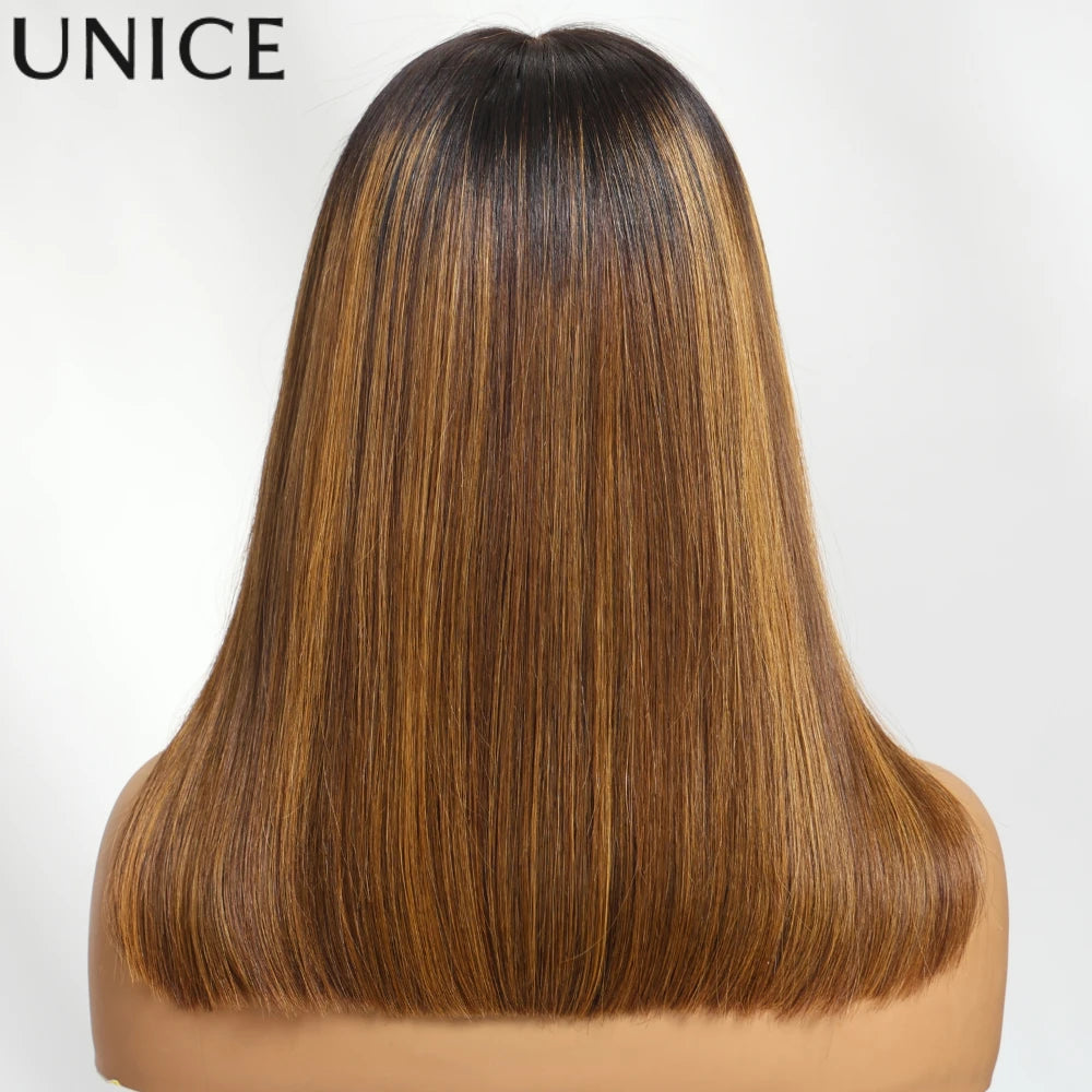 Unice Hair Brown Piano Highlight Straight Bob Wig 7x5 Pre Cut Pre Bleached Glueless Wig Human Hair Ready To Wear 150% Density