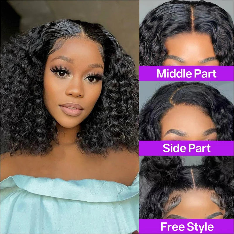 Deep Wave 13x4 Lace Frontal Bob Wig 200% Density Brazilian Pre Plucked 100% Human Hair Wigs #1B Water Wave Invisible Lace Wigs