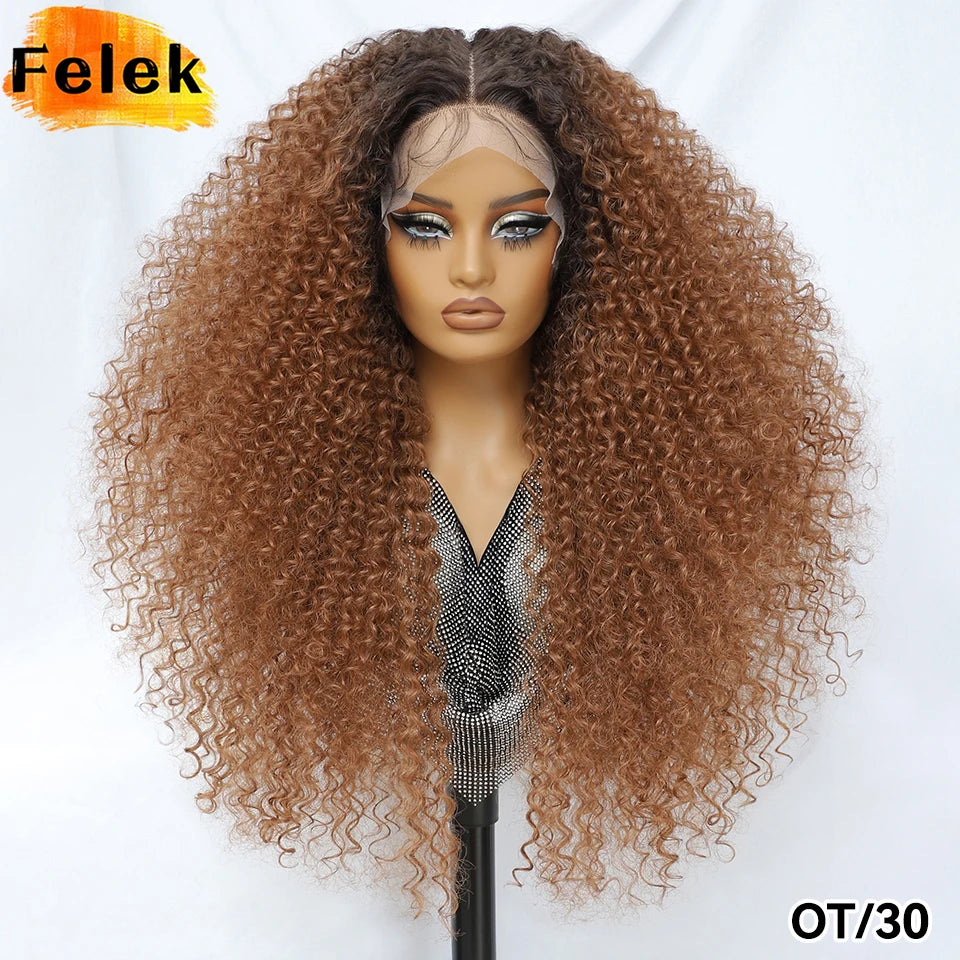 Long Afro Kinky Curly Synthetic Wig 24 Inch Jerry Curl Deep Part Lace Front Wigs For Female Ombre Blue Copper 613 Highlight Wigs