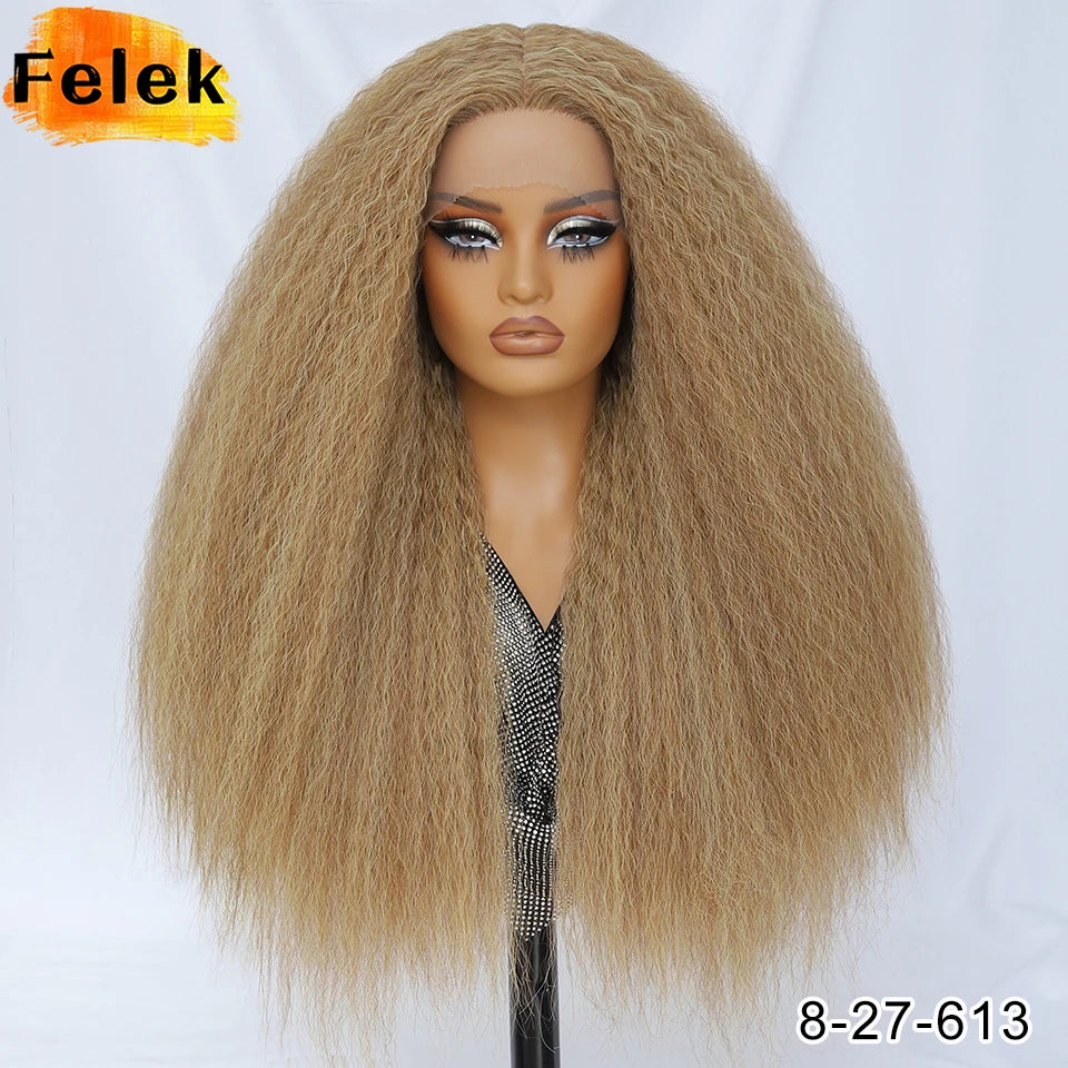 28 Inch Kinky Straight Lace Wigs Synthetic Black T Part Yaki Straight Lace Front Wigs For Women Brown Afro Wigs With Hair Line
