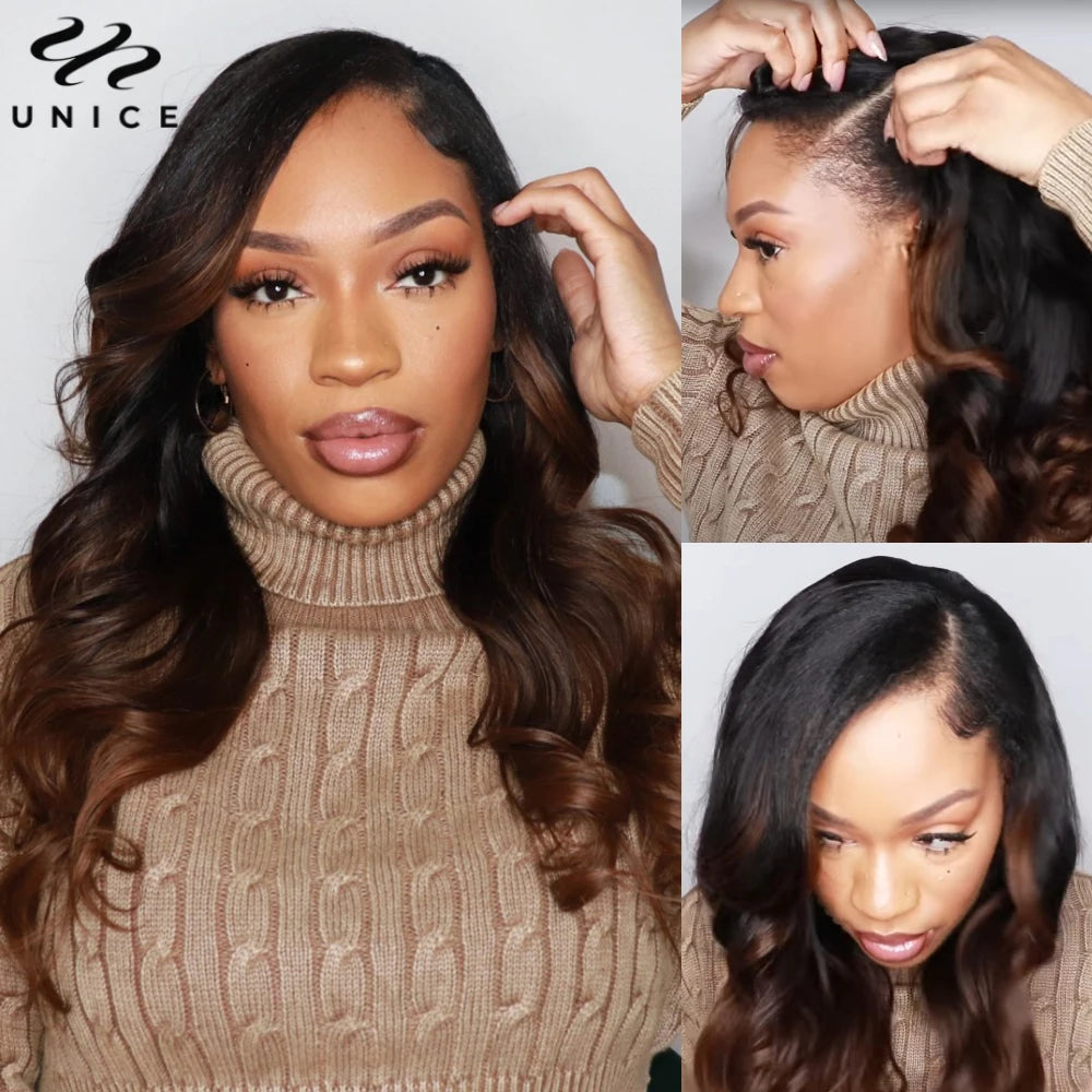 UNICE Hair Upgraded Drawstring Body Wave V Part Wig 100% Human Hair Natural Color V-Part Wig Ombre Brown VPart Wigs 150% Density