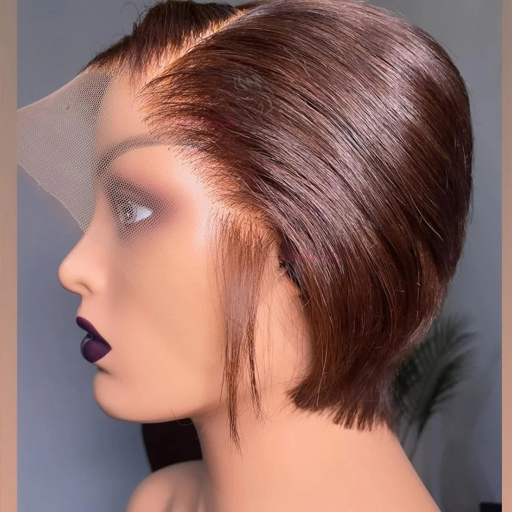 Ombre #1B Brown Short Pixie Cut Wigs For Women Human Hair 200% Straight Chocolate brown Lace Front Bob Wig Brazilian Remy Hair