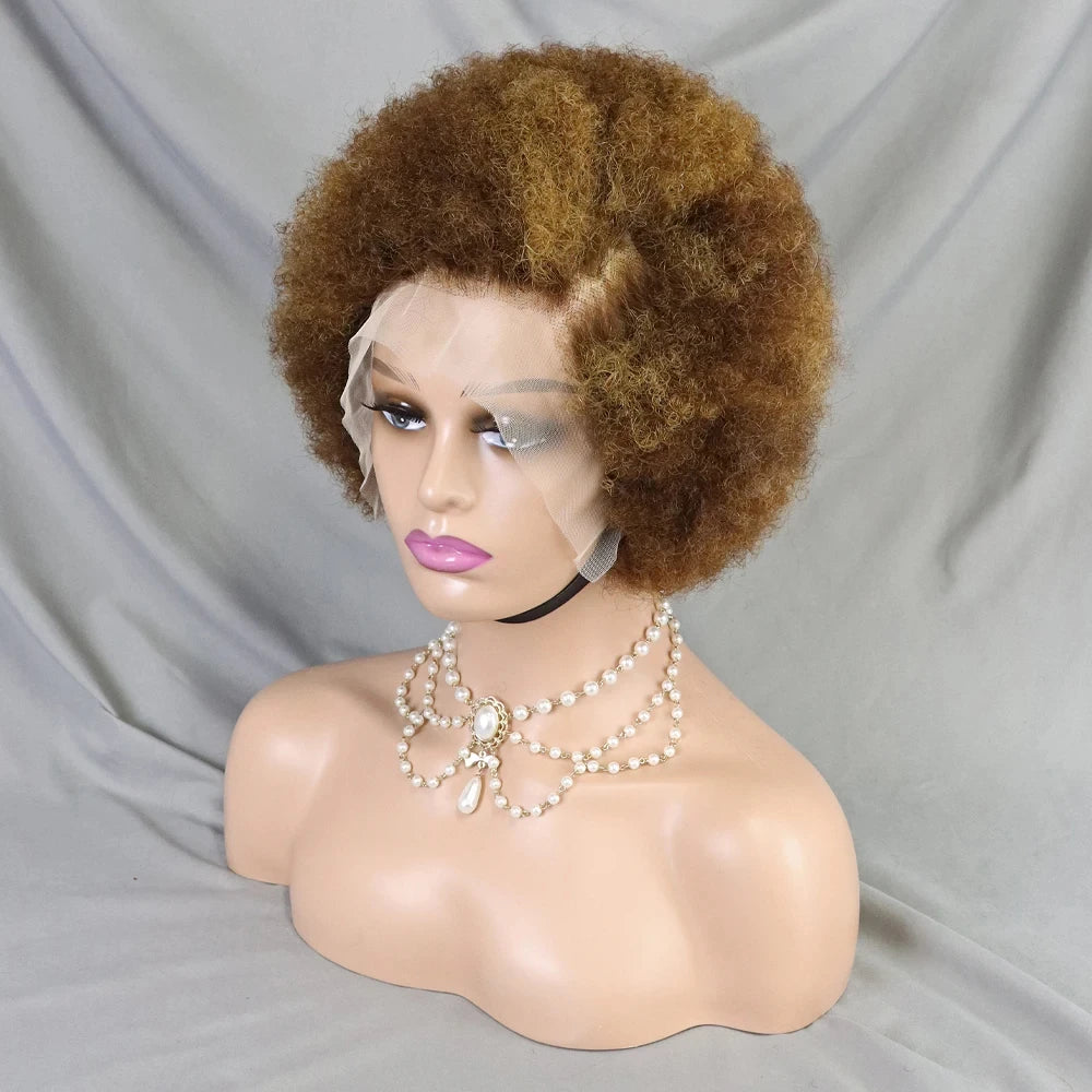 MALAIKA Kinky Curly Short Lace Front Wig 4#Brow Afro Bob Human Hair Natural Hairline 13X4 Lace Frontal Glueless Human Hair Wigs