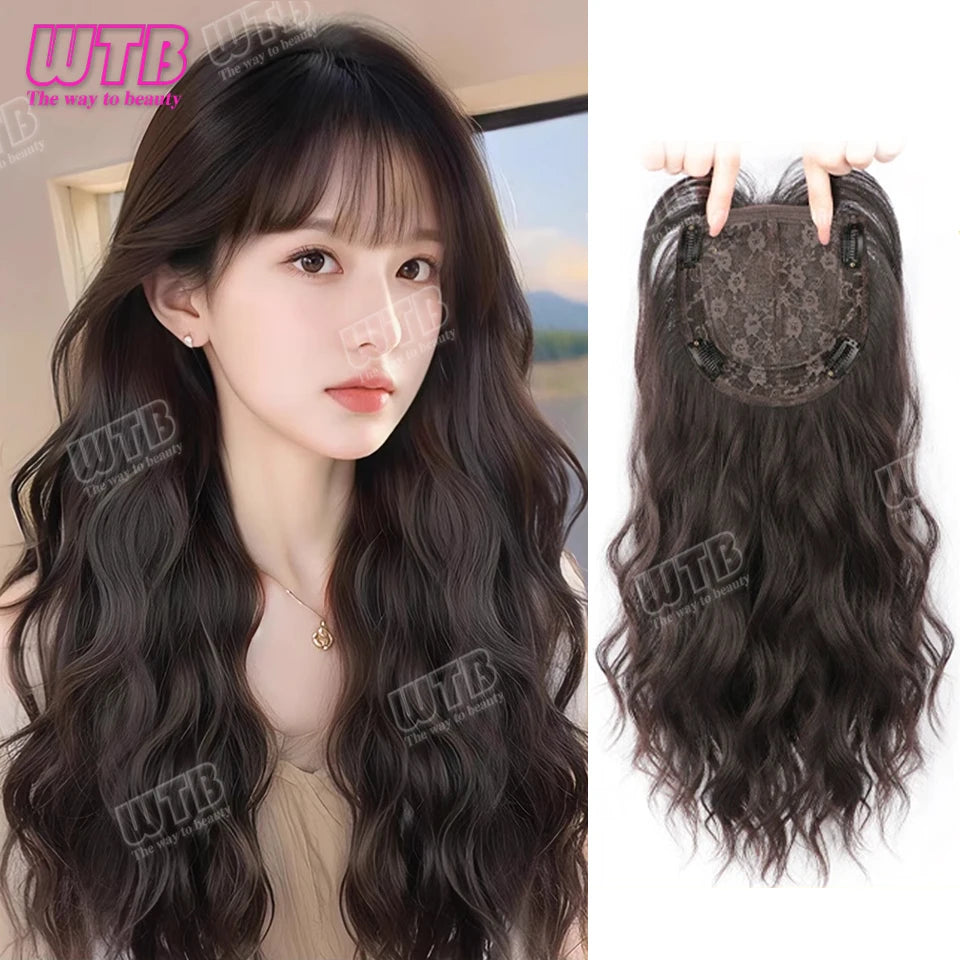 60cm Synthetic Middle Part Topper Hairpiece with Bangs Clip-In Bangs Extension Natural Invisible Clourse Hairpiece for Women