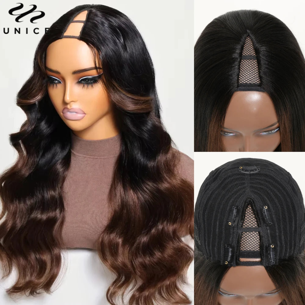 UNICE Hair Upgraded Drawstring Body Wave V Part Wig 100% Human Hair Natural Color V-Part Wig Ombre Brown VPart Wigs 150% Density