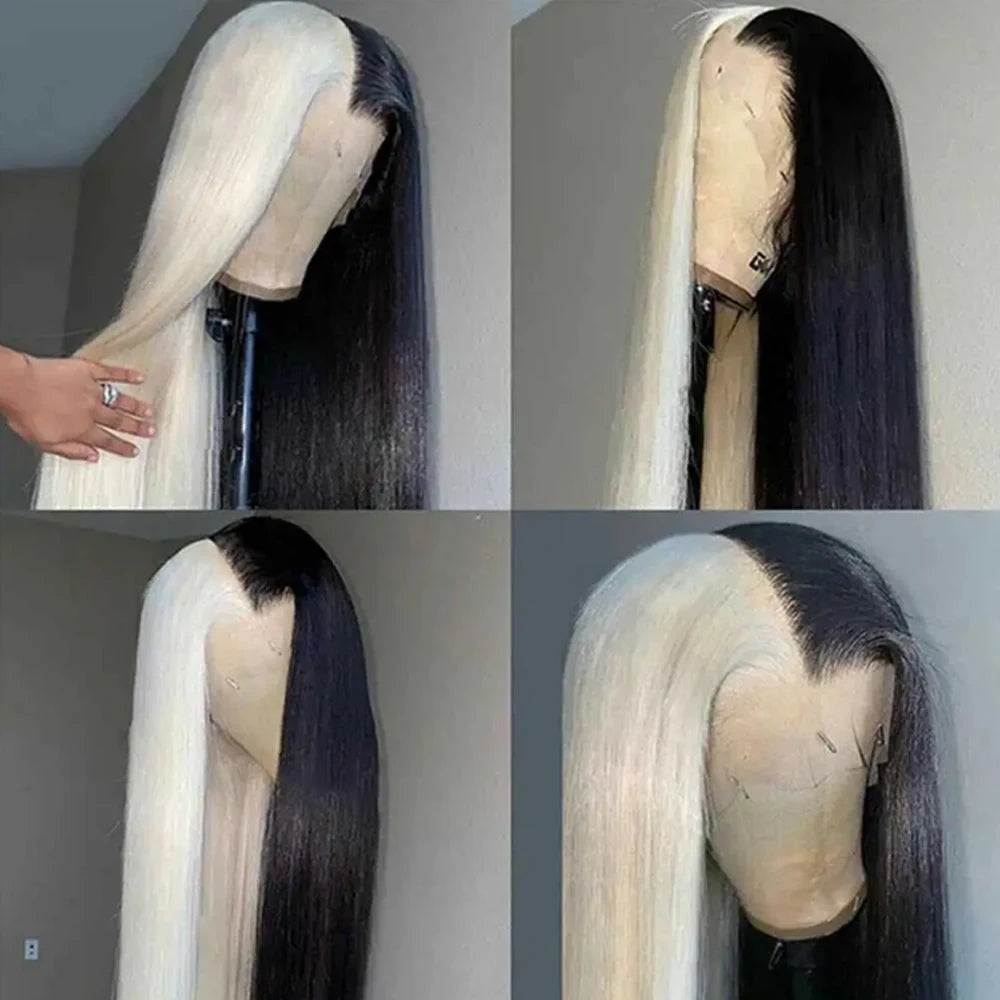 Remy Colored #613 Brazilian 100% Human Hair Wigs Half Black and Half Blonde Straight Lace Front Wigs Human Hair Wigs For Women