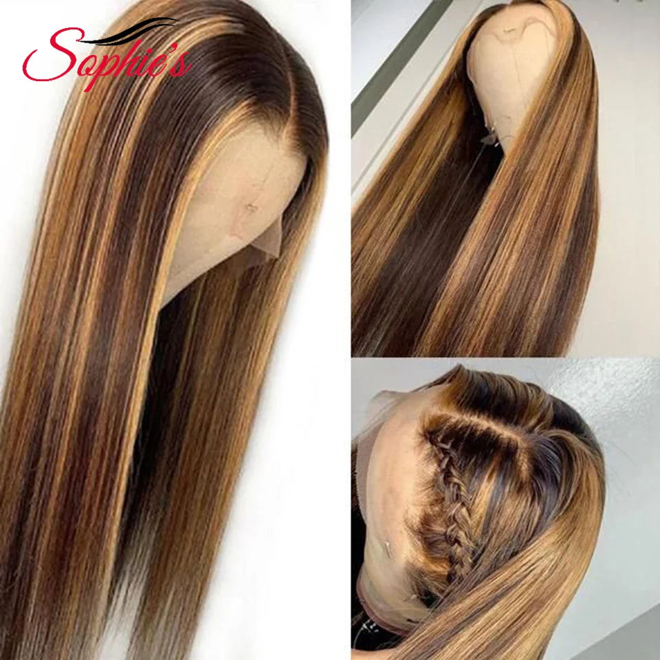 Sophie's 13*4 Lace Frontal Highlight Human Hair Wig 180% Density Wigs for Women Brazilian Straight Remy Hair Wig 14-28 Inch