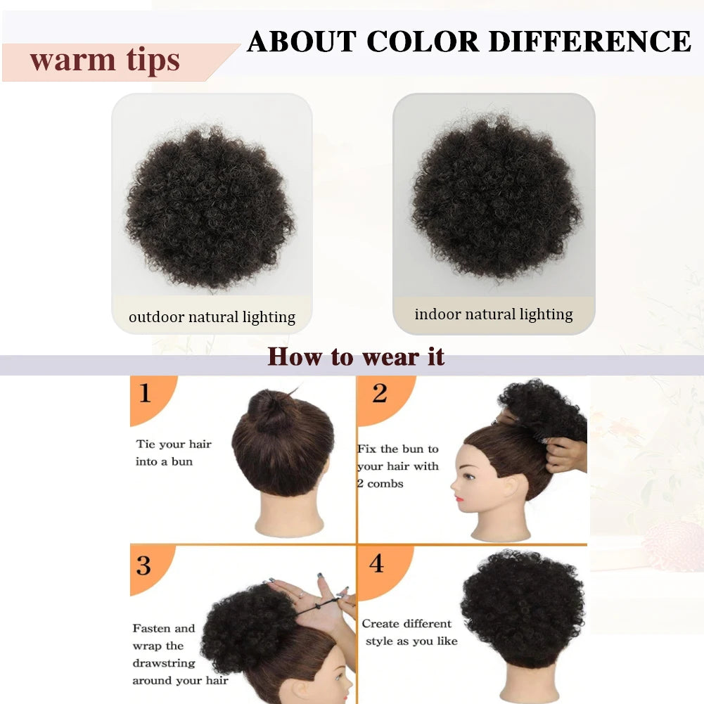 100% Human Hair Afro Kinky Puffs Drawstring Ponytail Extensions for Black Women 4# 99J 30# Kinky Curly Afro Puff Dount Chignon