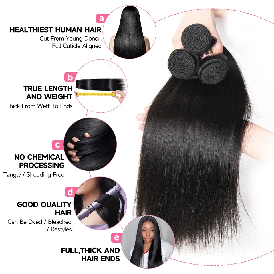 ALI GRACE Hair Straight Human Hair Bundles 1/3/4 Pcs Brazilian Straight Hair Bundles 28 30 32 Inch Remy Hair Weave Natural Color