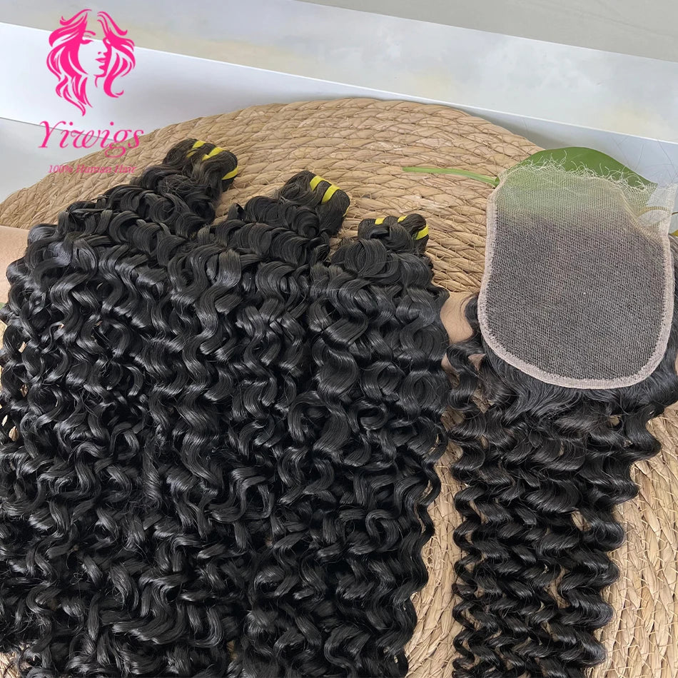 Yiwigs 12A Grade Double Drawn Deep Curly 100% Raw Virgin Human Hair Bundles With 4x4 Real HD Lace Closure Hair Weave Extensions
