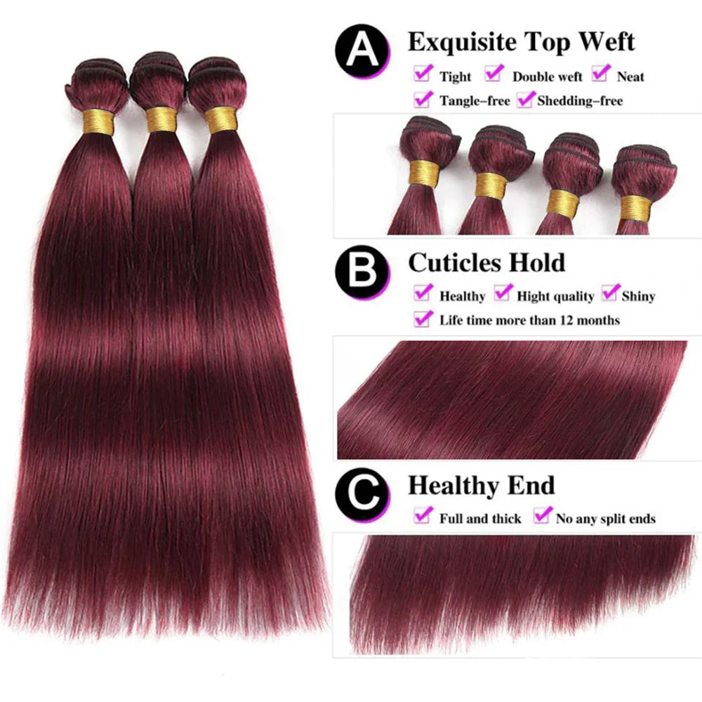 99J Human Hair Bundles Red Bundles Burgundy Straight Human Hair Bundles Remy Hair 1/3/4 Bundles Wine Red Straight Bundles