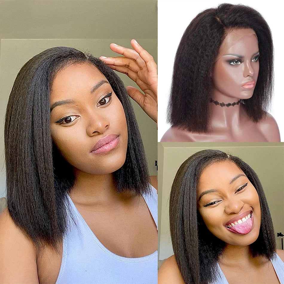 12A Glueless Wigs Malaysian Kinky Straight Lace Front Wigs Human Hair Pre Plucked 13X4 Yaki Straight Lace Frontal Wigs 180%