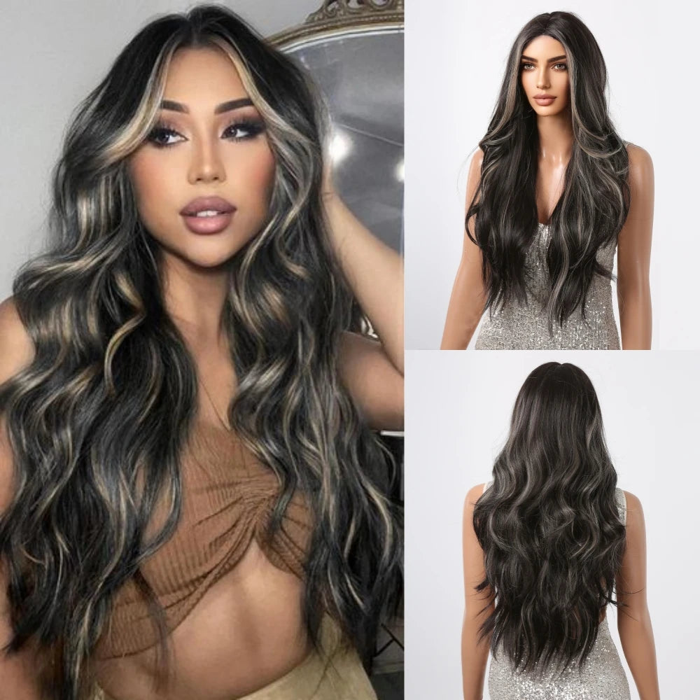 Synthetic Lace Hairline Wigs Platinum Blonde Highlight Long Wavy Lace Forehead Wig Hand Crochet Wigs for Women Heat Resistant