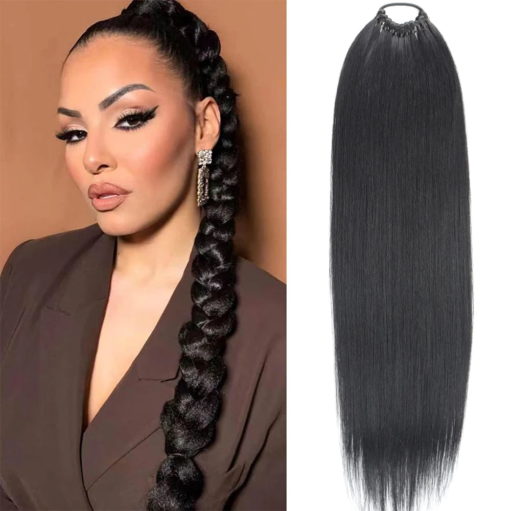 Synthetic 24Inch Ponytail Extensions Black Natural Braided Pony Tail Hairpiece Long Straight Rubber Band Hair For Women