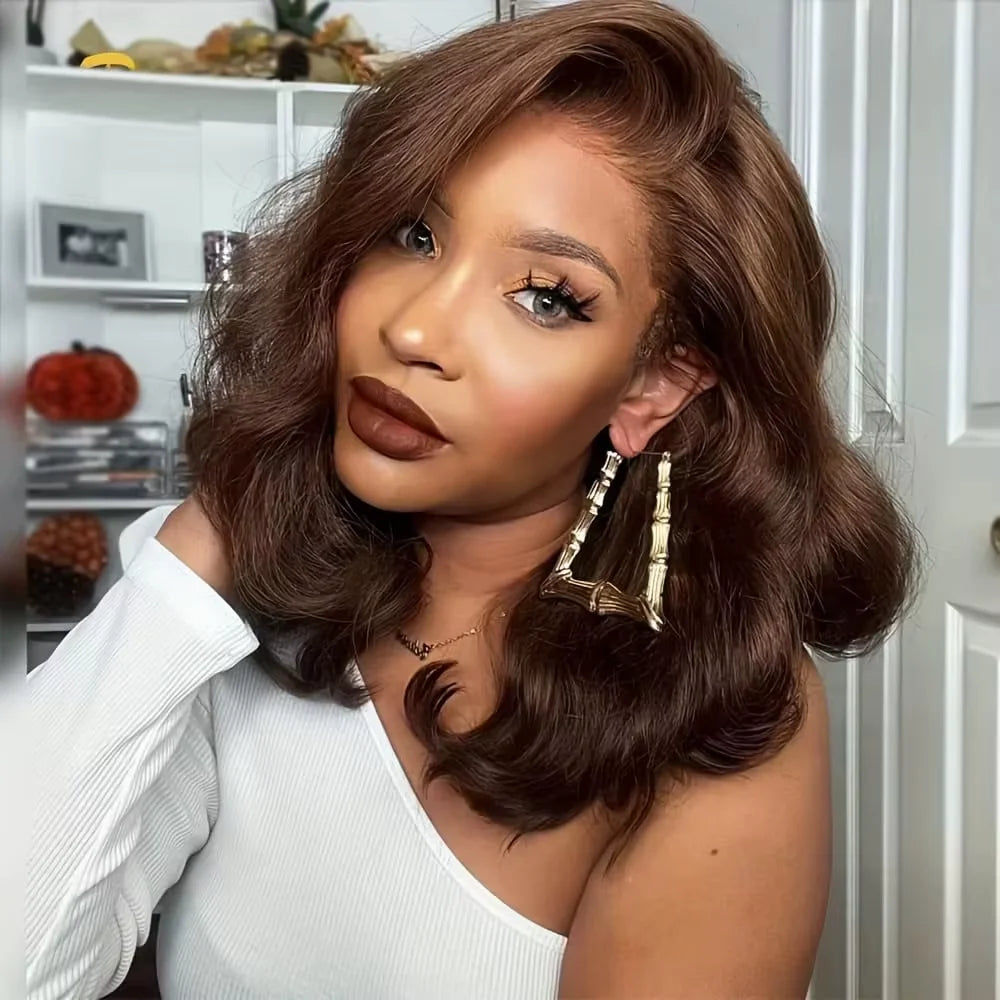 Chocolate Brown Body Wave Bob Wigs Human Hair 13x4 HD Lace Frontal Wigs 4# Colored 100% Human Hair Water Wave Preplucked 16 Inch