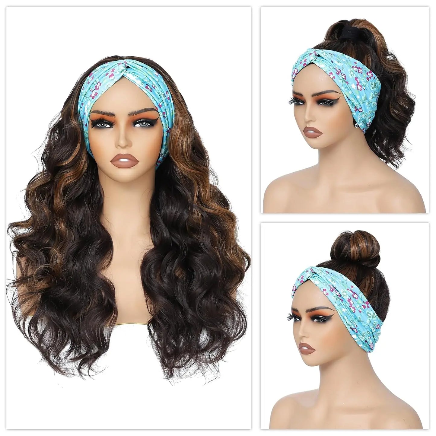 Long Synthetic Wavy Headband Wig for Women Black Wigs with Brown Blonde Highlight 200% Denisty Headband Wigs Glueless Wig Daily