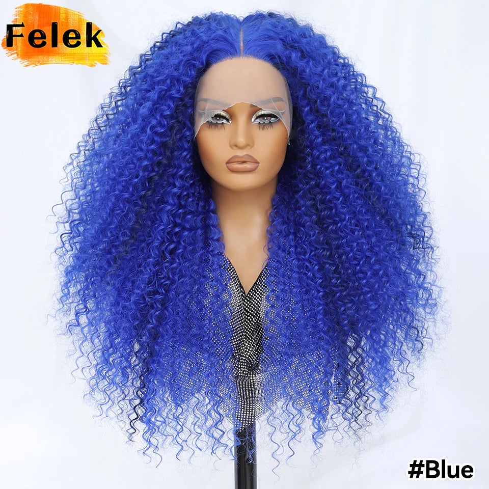 Long Afro Kinky Curly Synthetic Wig 24 Inch Jerry Curl Deep Part Lace Front Wigs For Female Ombre Blue Copper 613 Highlight Wigs