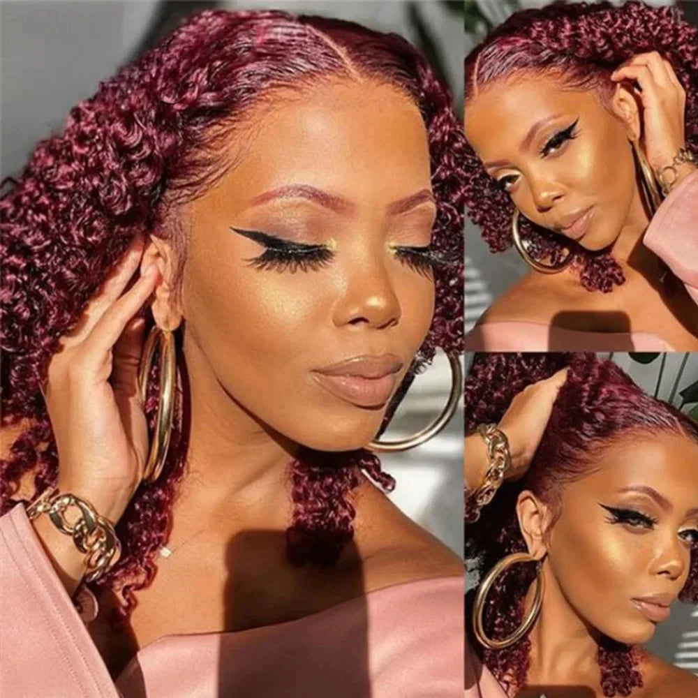 99J Burgundy Curly Wigs Brazilian 13x4 Full Lace Frontal Human Hair Wig 200% Density Colored Water Wave Short Bob Wig Human Hair