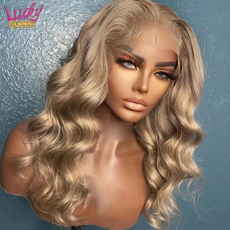 Ombre Blonde 13X4 Transparent Lace Front Human Hair Wig Brown Root Body Wave Ash Blonde 5X5 Closure Wig Pre Plucked