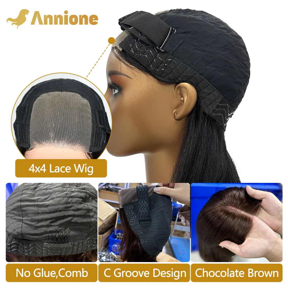 Bob Glueless Wig Human Hair Ready To Wear 4X4 Brazilian Straight Chocolate Brown Lace Front Human Hair Wig 100% Human Hair Wigs