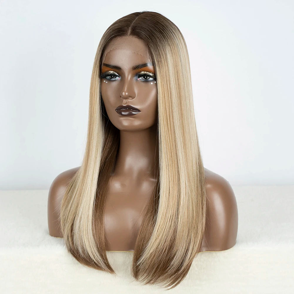 Synthetic Lace Front Wig Straight Baby Hair Bob Wig Bown Black Blonde Hair Wig 22"Cosplay Wig For Women Heat Resistant Wig