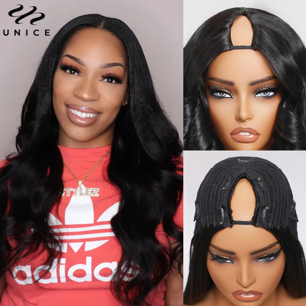 UNICE Hair Upgraded Drawstring Body Wave V Part Wig 100% Human Hair Natural Color V-Part Wig Ombre Brown VPart Wigs 150% Density