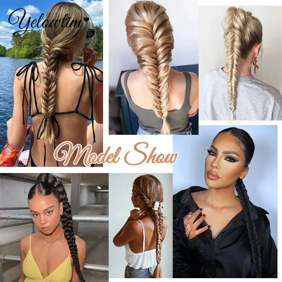 Synthetic Ponytail Extension Hairpiece Straight Claw Clip Fishbone Braid Ponytail For Women Heat Resistant Pony Tail Fake Hair