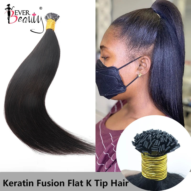 Straight K Tip Fusion Hair Extension Human Hair Hair Bundle Keratin Flat Tip Hair Extensions Microlinks Black Women EverBeauty