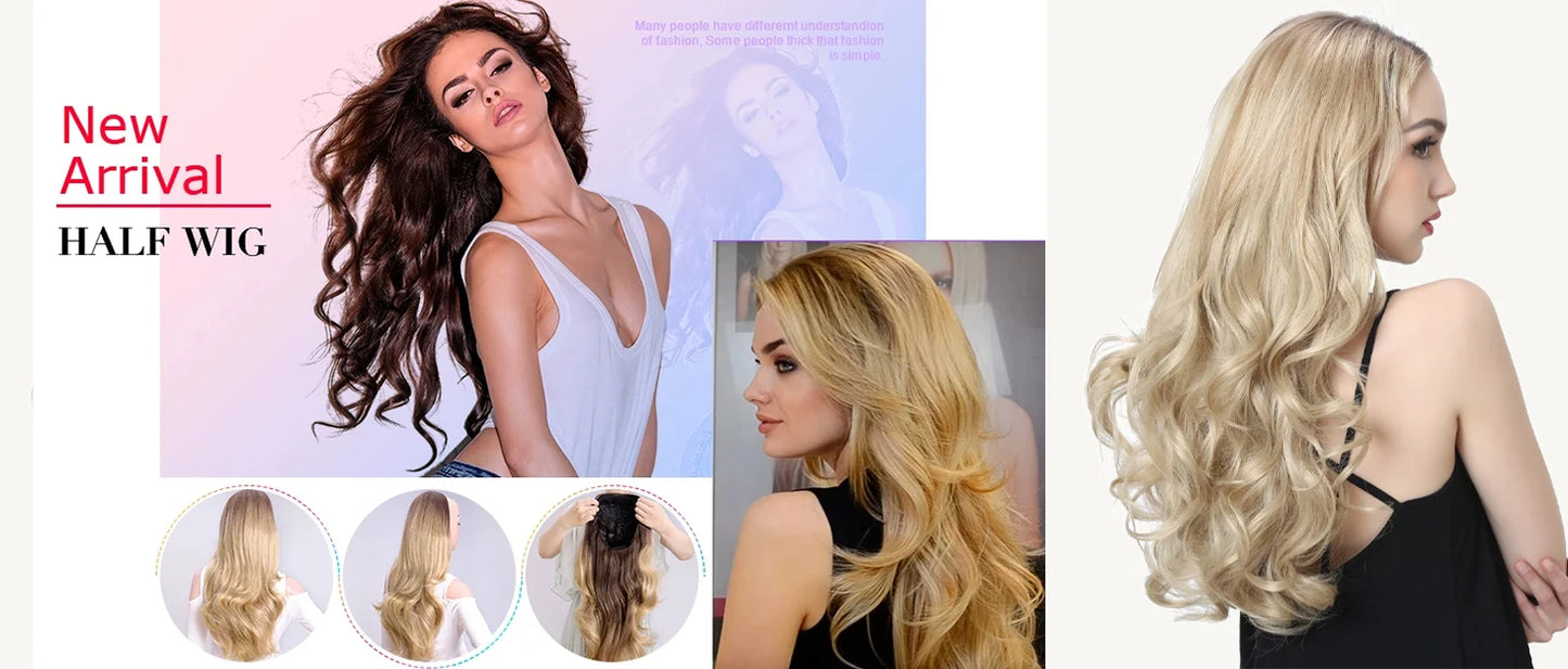 24 Inch Long Wavy Head Tied 3/4 Half Wigs With Clips In, Synthetic Fibers Hair Extension Wigs For Women