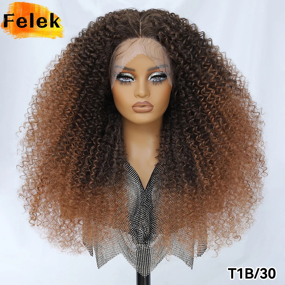 Long Afro Kinky Curly Synthetic Wig 24 Inch Jerry Curl Deep Part Lace Front Wigs For Female Ombre Blue Copper 613 Highlight Wigs
