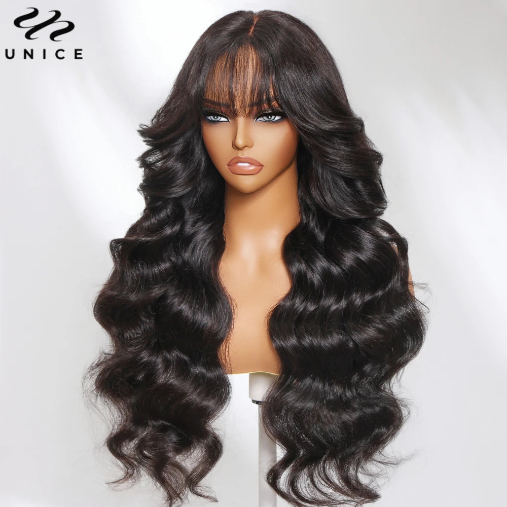 Unice Hair Pre Cut Pre Bleached 7x5 Loose Wave Wig With Bangs Wear Go Glueless Wig Pre Plucked Lace Front Human Hair Wig
