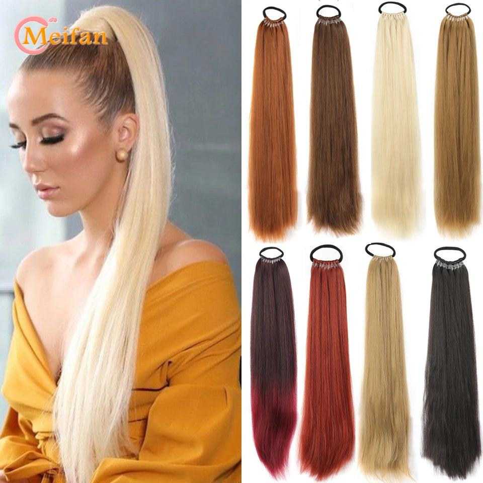 MEIFAN 18-32Inch Long Straight Ponytail Extension with Elastic Tie Natural Soft Fake Pony Tail Synthetic DIY Ponytail Hairpiece