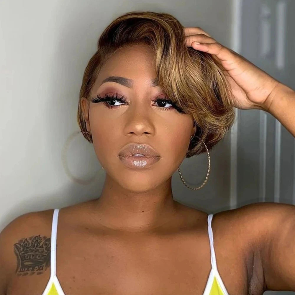 Brown Colored Pixie Cut Short Highlight Lace Human Hair Wigs For Women Ombre Short Brazilian Human Hair Wig Straight Pre Plucked