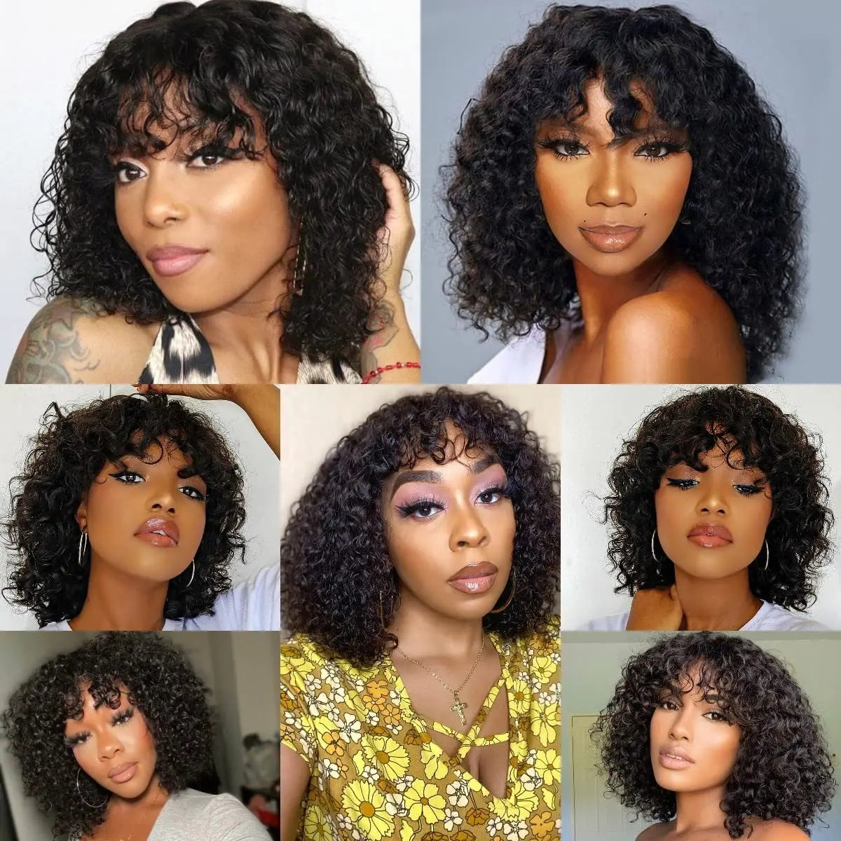 Curly Human Hair Wigs With Bangs 180% Density Water Wave Virgin Human Hair Full Machine Made Curly Glueless Wigs For Black Women