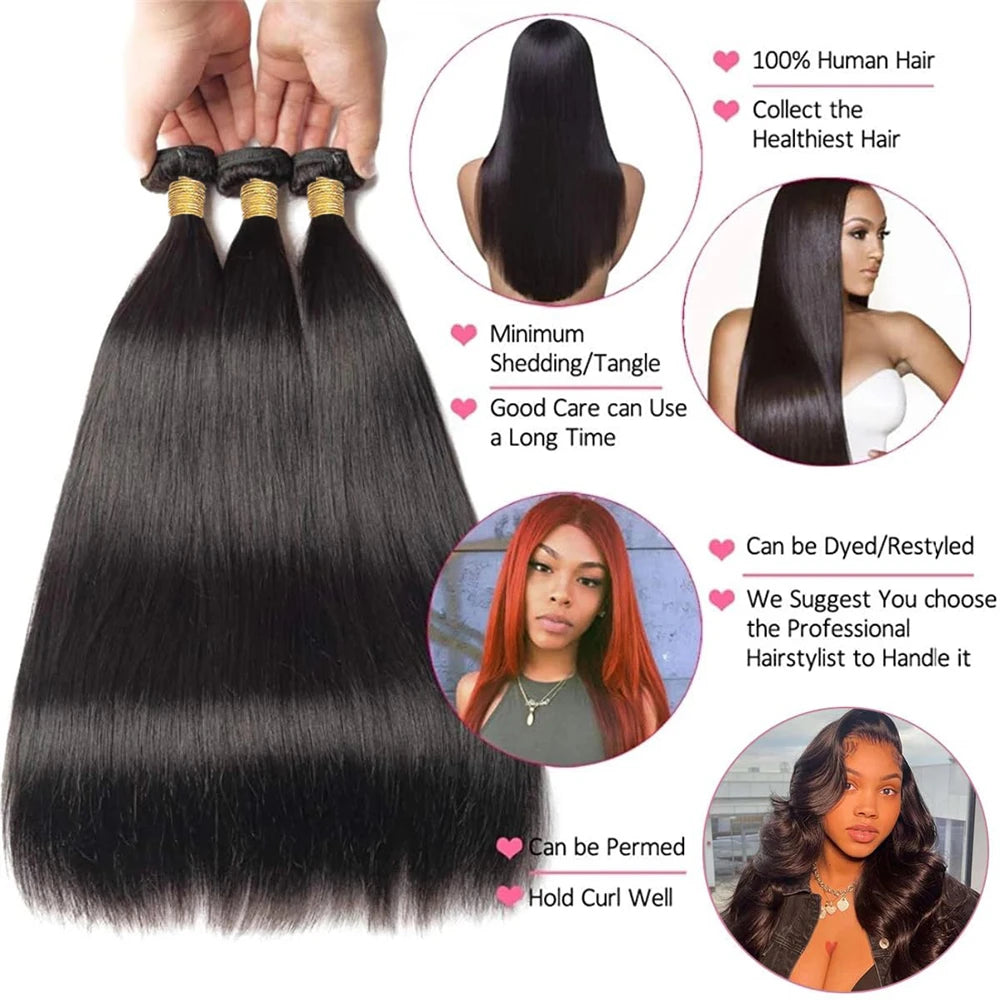 Straight Bundles with Frontal Brazilian 100% Virgin Human Hair 3 Bundles with 13x4 Lace Frontal Brown 4 Color Straight 3 Bundles