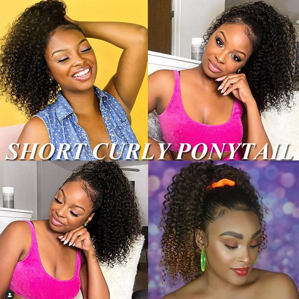 Drawstring Ponytail Kinky Curly Ponytail Deep Wave 100% Human Hair Ponytails 16 Inch Clip on Ponytails For Black Women #1B